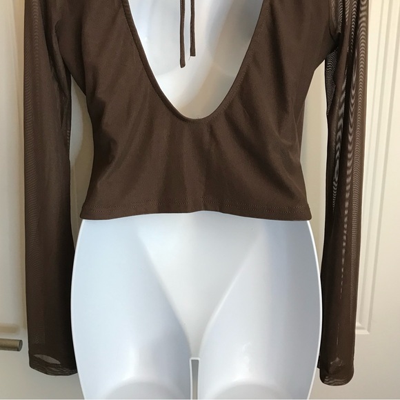 Princess Polly Women’s 10 Chocolate Brown Mesh LS Tie Back Crop Top NWOT - Picture 13 of 16
